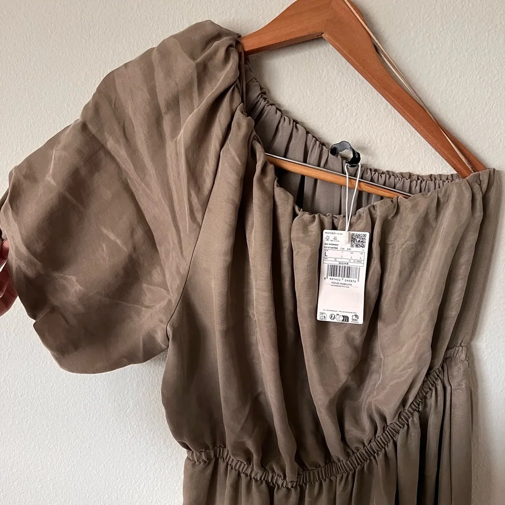 MANGO One-Shoulder Asymmetrical Taupe Wide Leg Jumpsuit BNWT Size L - Picture 4 of 8